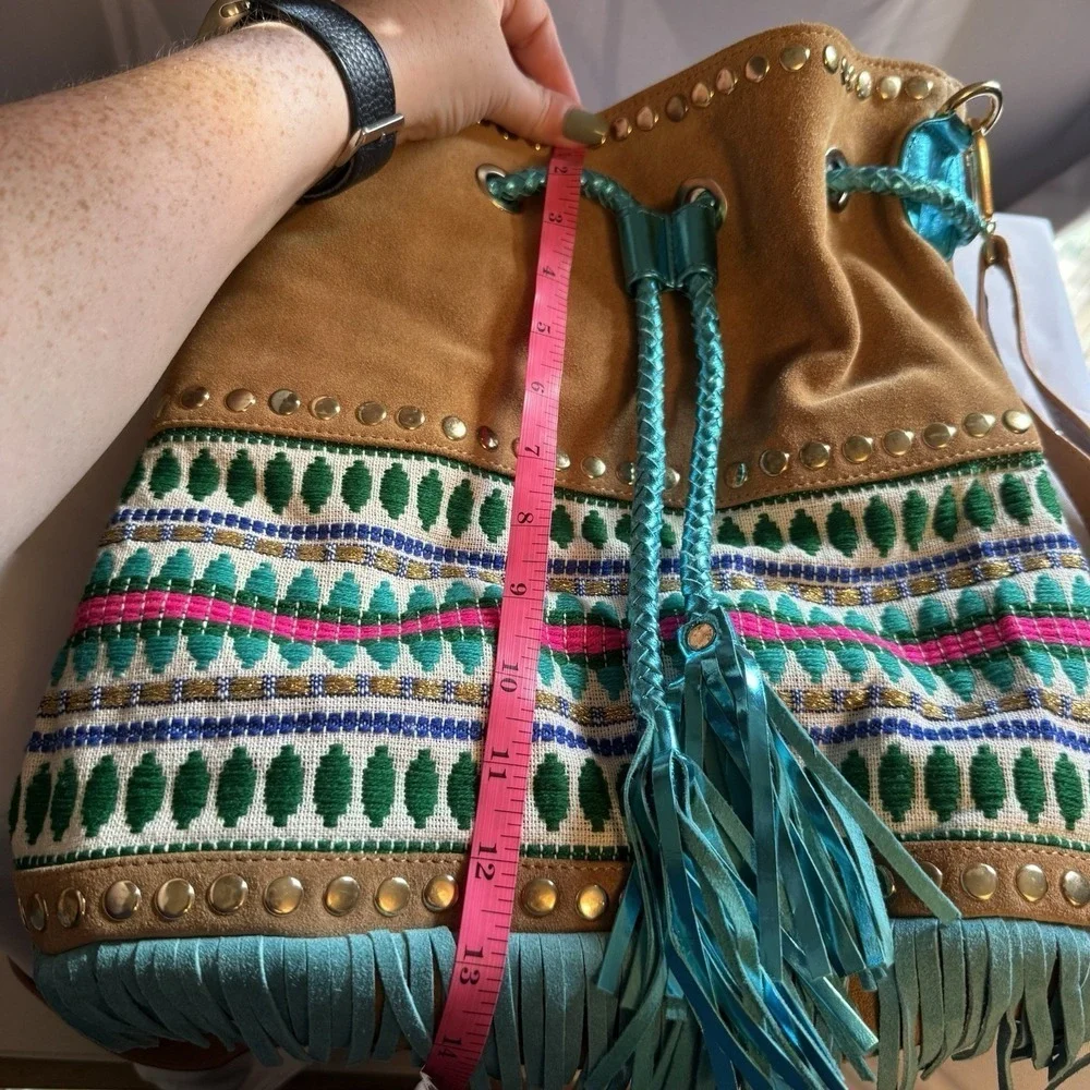 PITI CUITI Boho Suede Fringe Drawstring Large Bucket Multicolor Bag Made France